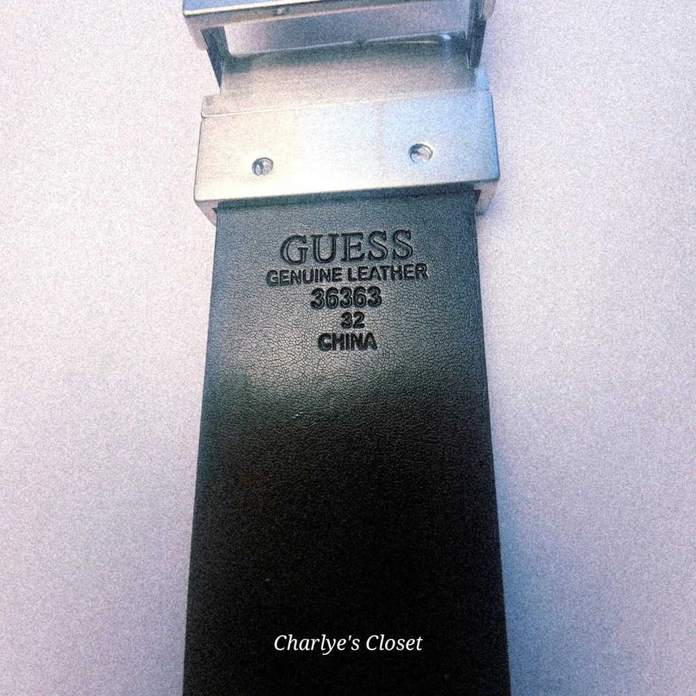 GUESS Mens Leather Belt 32 Black Silver Triangle Logo Buckle 36 Y2K Retro Riz